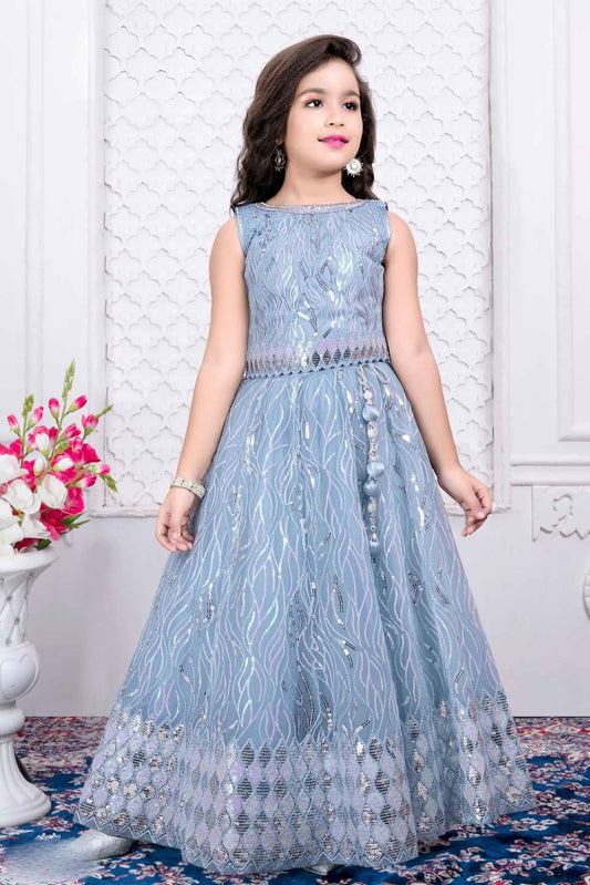 Blue Lehenga Choli With Silver Sequin Work For Girls - Lagorii Kids