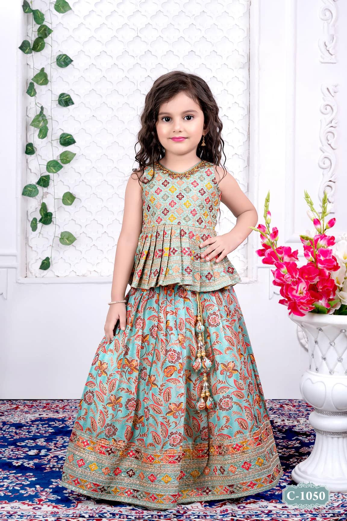 Blue Lehenga with Peplum Top In Exquisite Floral Print For Girls - Lagorii Kids