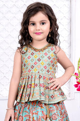 Blue Lehenga with Peplum Top In Exquisite Floral Print For Girls - Lagorii Kids