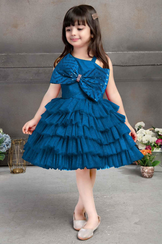 Blue Multilayer Net Ruffled Partywear Frock With Bow Embellishment For Girls - Lagorii Kids
