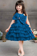 Blue Multilayer Net Ruffled Partywear Frock With Bow Embellishment For Girls - Lagorii Kids