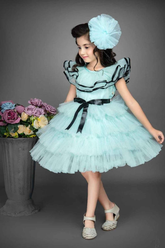 Blue Multilayered Frilled Frock With Ruffled Neckline For Girls - Lagorii Kids