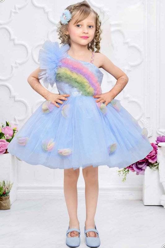 Blue Net Frock With Rainbow Pattern Ruffle Design For Girls - Lagorii Kids