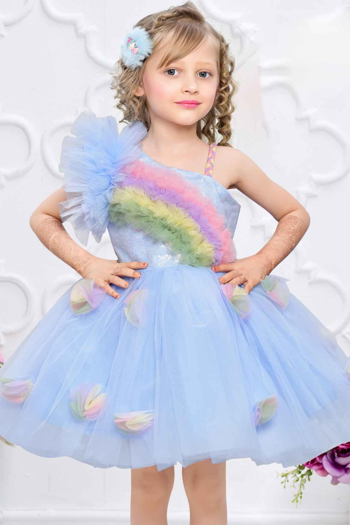 Blue Net Frock With Rainbow Pattern Ruffle Design For Girls - Lagorii Kids