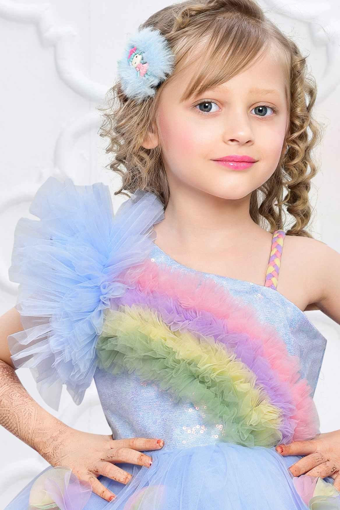 Blue Net Frock With Rainbow Pattern Ruffle Design For Girls - Lagorii Kids