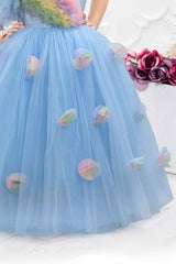 Blue Net Gown With Rainbow Pattern Ruffle Design For Girls - Lagorii Kids