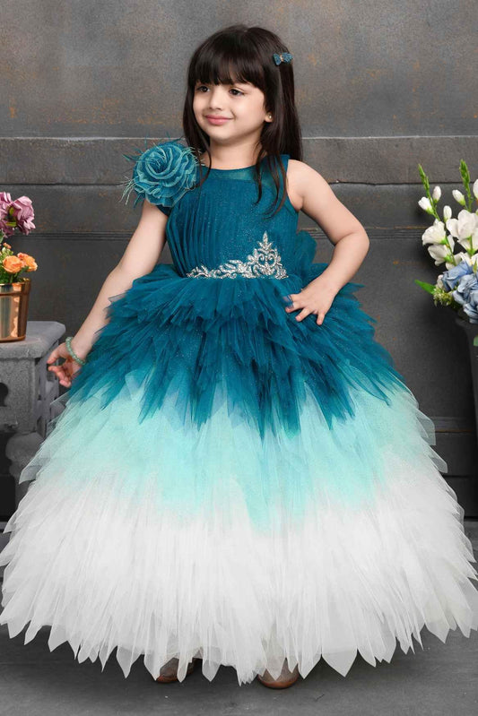 Blue Princess Net Party Gown With Flower Embellishment For Girls - Lagorii Kids