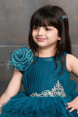 Blue Princess Net Party Gown With Flower Embellishment For Girls - Lagorii Kids