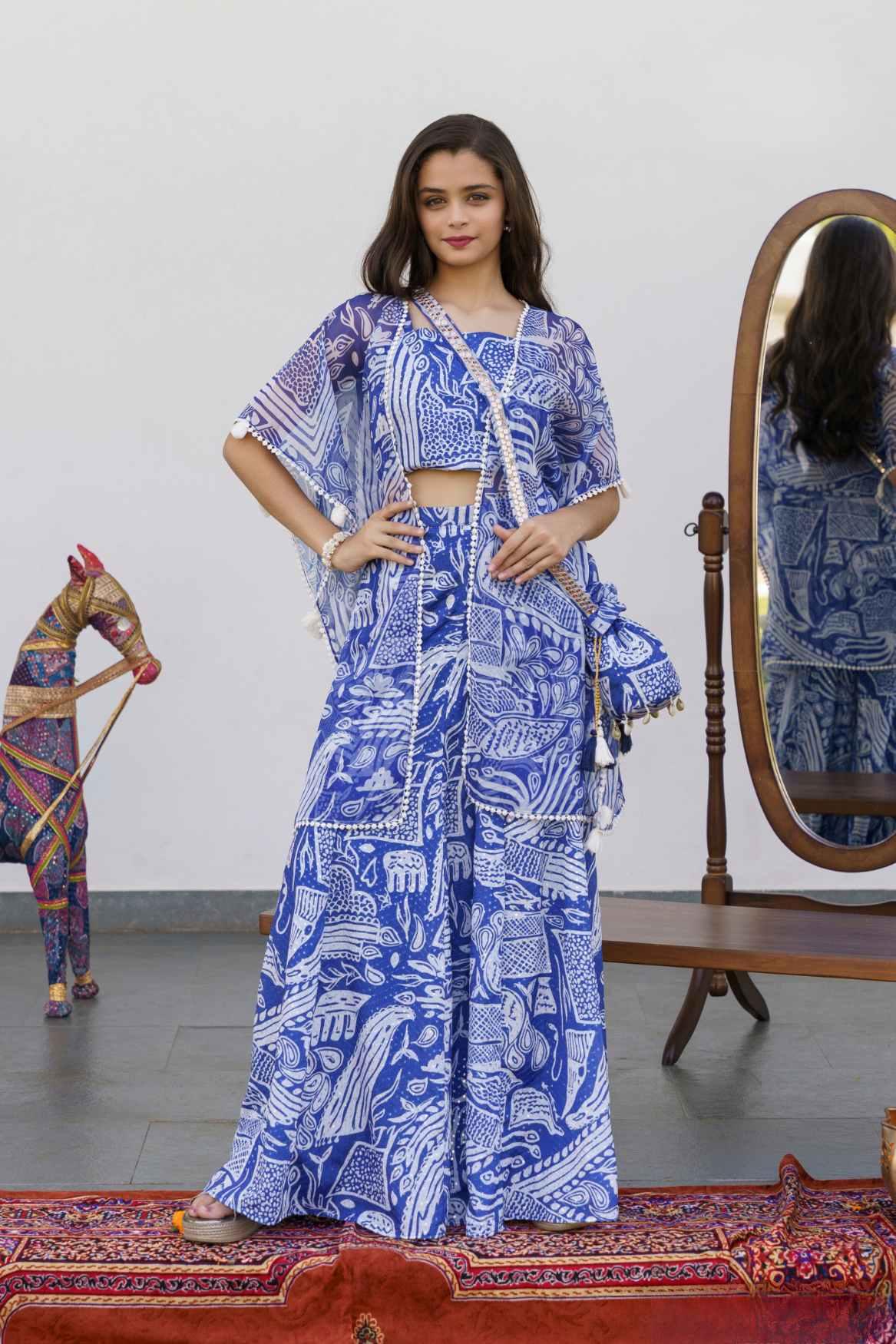 Blue Printed Co-ord Set With Crop Top For Girls - Lagorii Kids