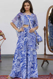 Blue Printed Co-ord Set With Crop Top For Girls - Lagorii Kids