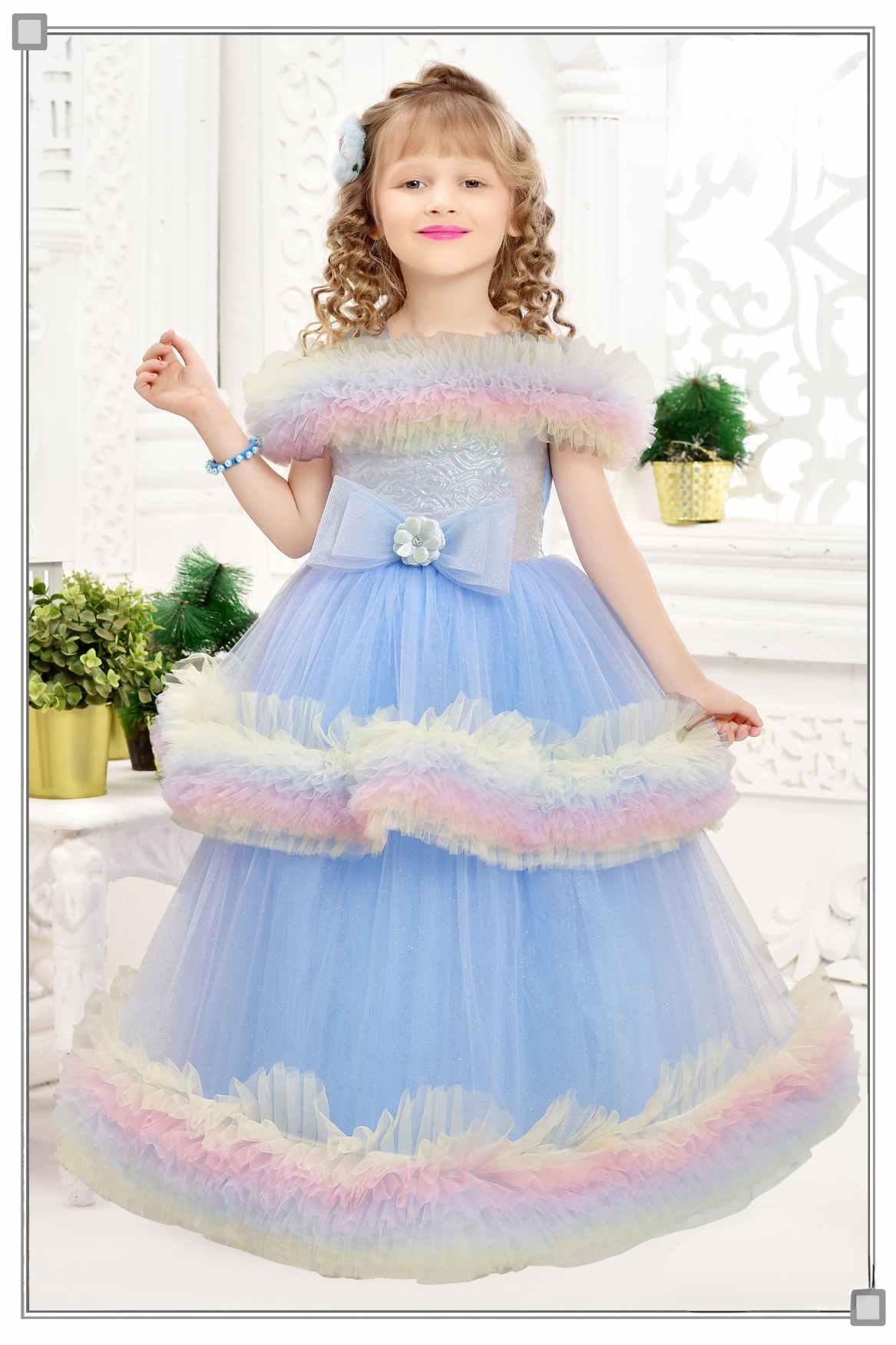 Blue Ruffle Net Gown With Bow Embellishment For Girls - Lagorii Kids