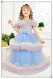 Blue Ruffle Net Gown With Bow Embellishment For Girls - Lagorii Kids