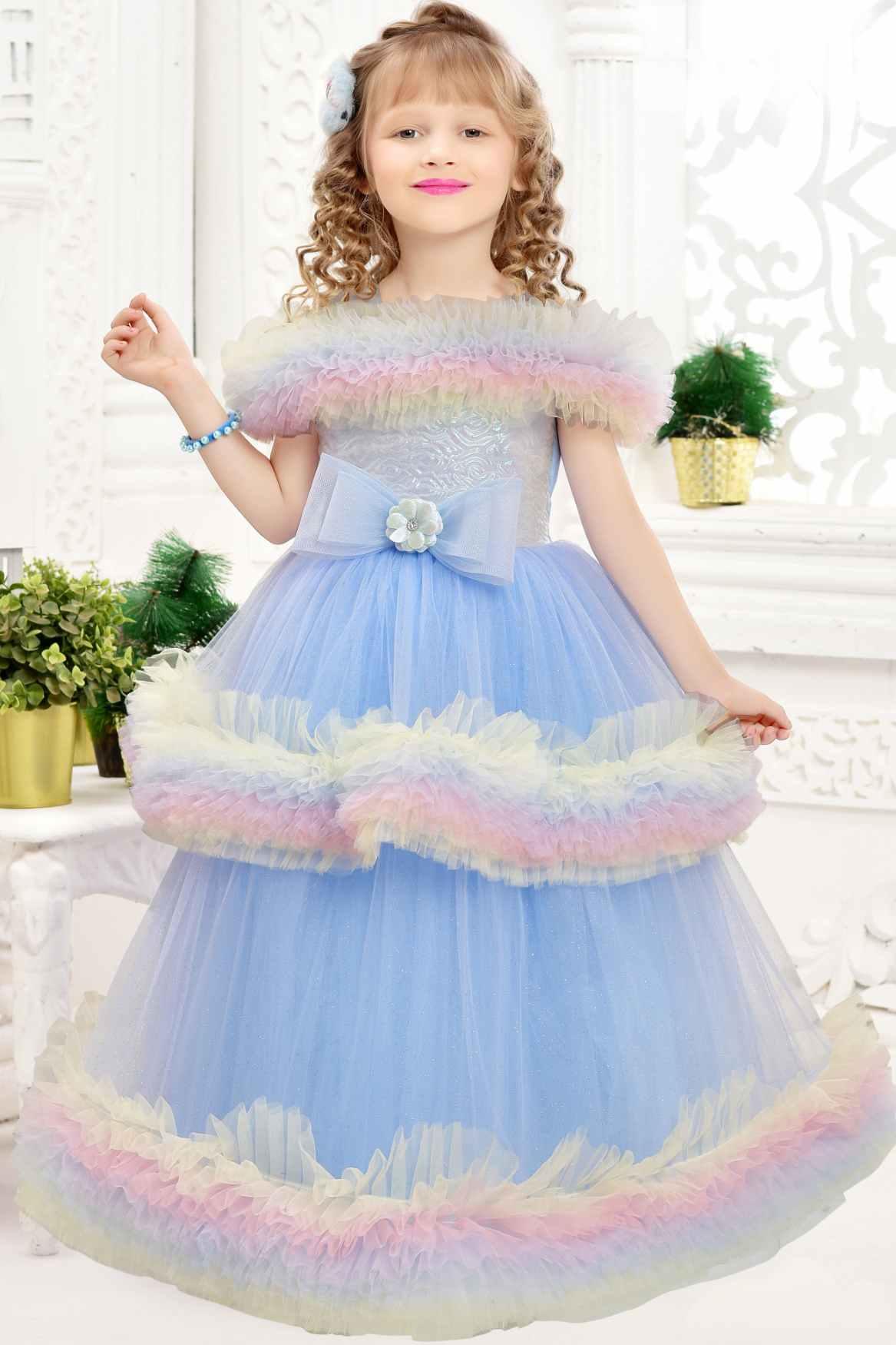 Blue Ruffle Net Gown With Bow Embellishment For Girls - Lagorii Kids