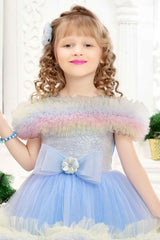 Blue Ruffle Net Gown With Bow Embellishment For Girls - Lagorii Kids