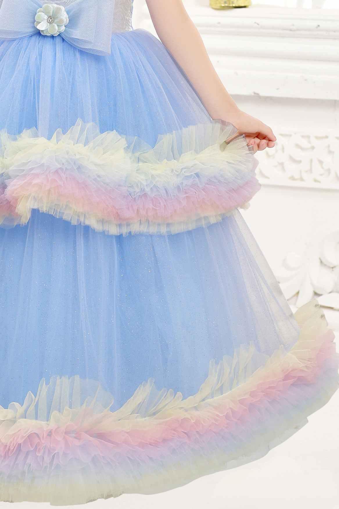 Blue Ruffle Net Gown With Bow Embellishment For Girls - Lagorii Kids