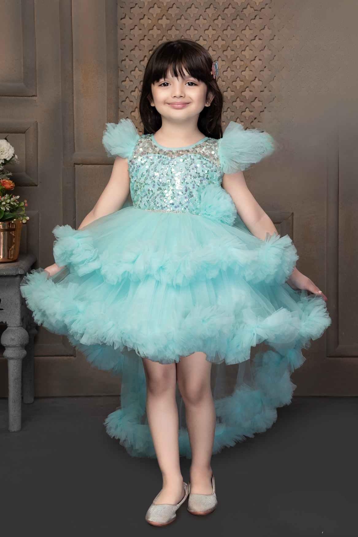 Blue Shimmer Tailback Party Wear Frock With Floral Embellishment For Girls - Lagorii Kids