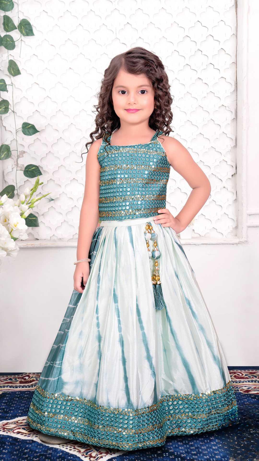 Blue Tie And Dye Ghagra-Choli Set With Embroidery For Girls - Lagorii Kids