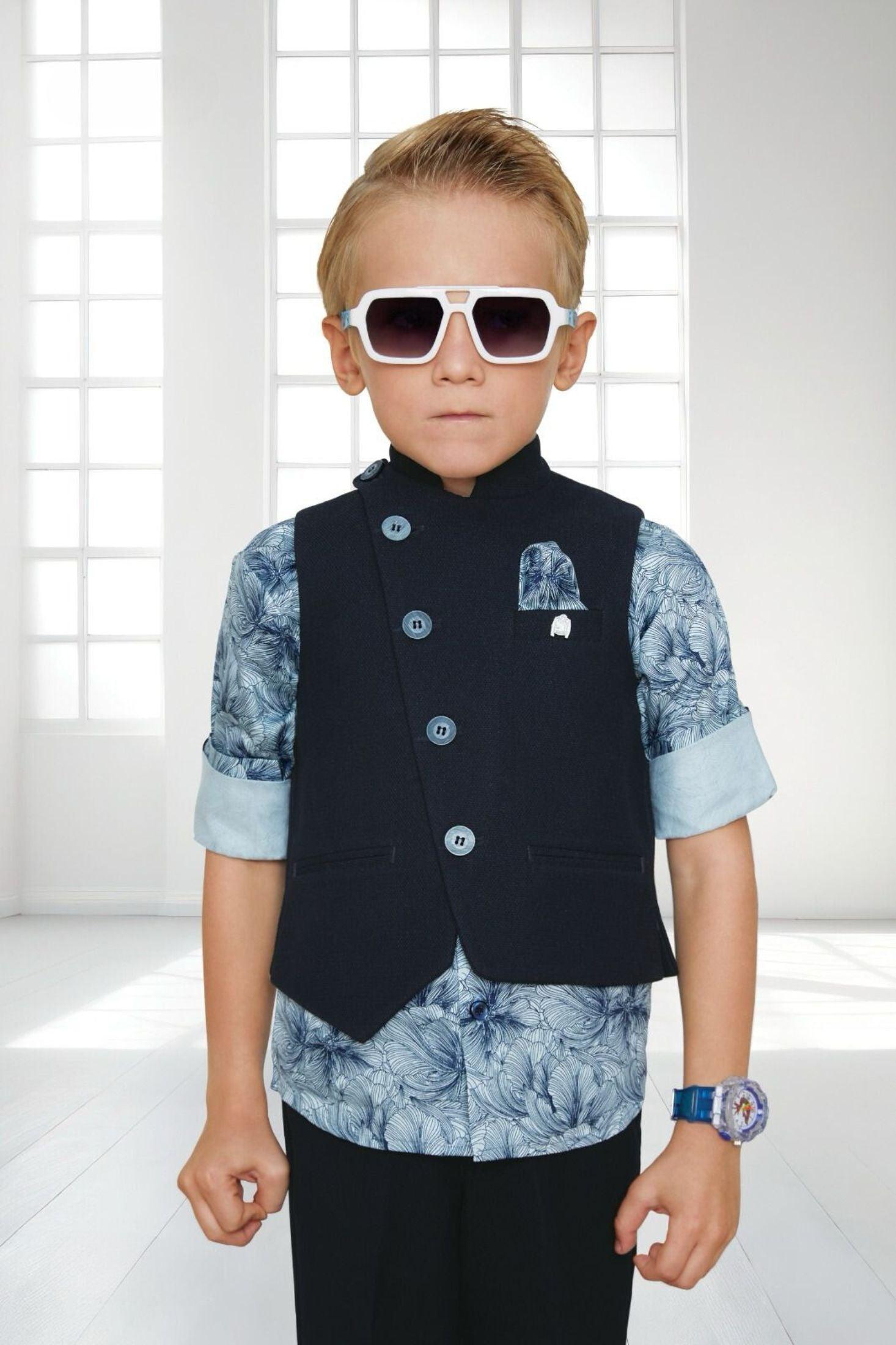 Blue Waist Coat Set with Printed Shirt For Boys - Lagorii Kids