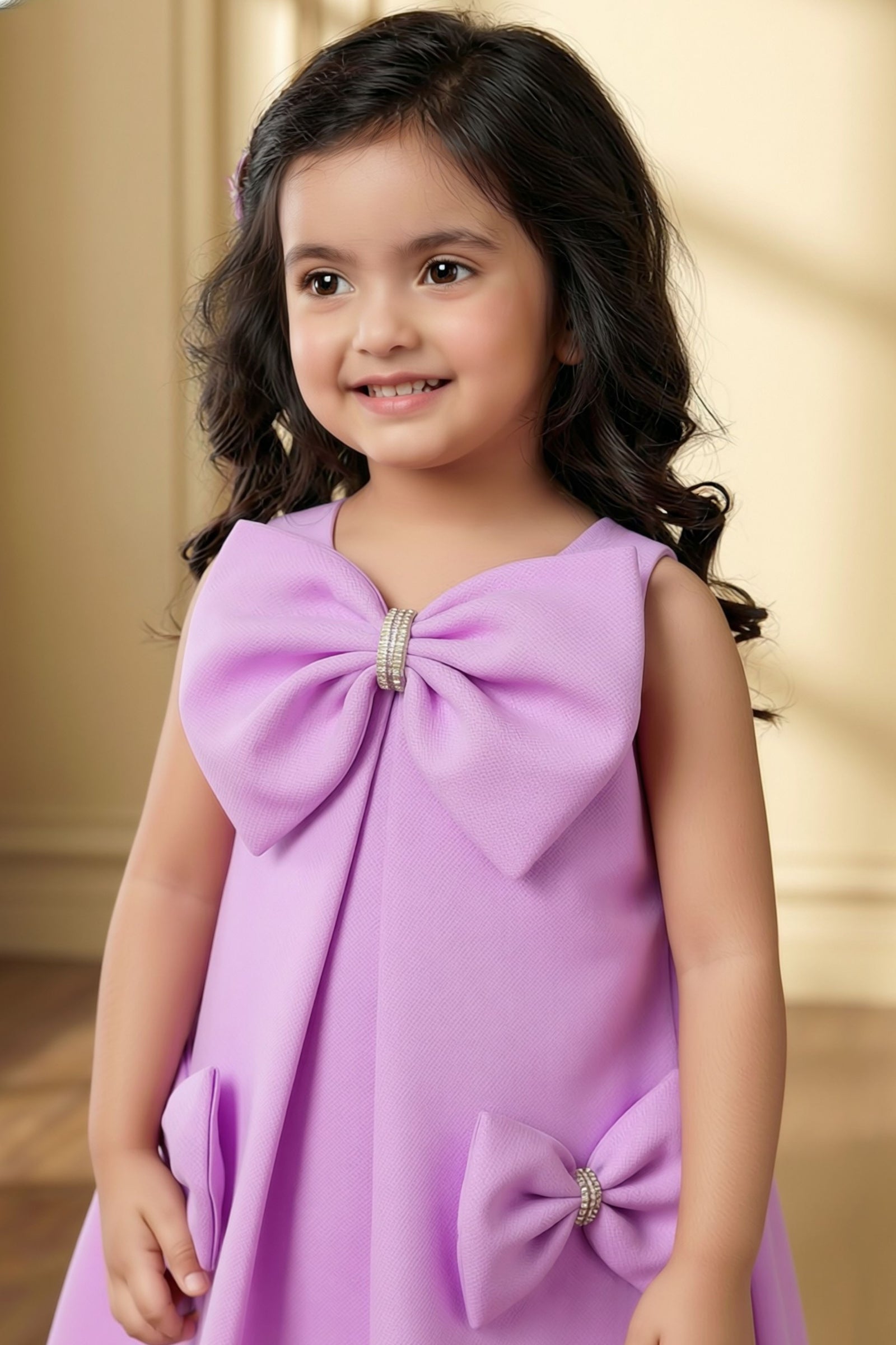 Girls Lavender A-Line Party Dress with Statement Bow Details