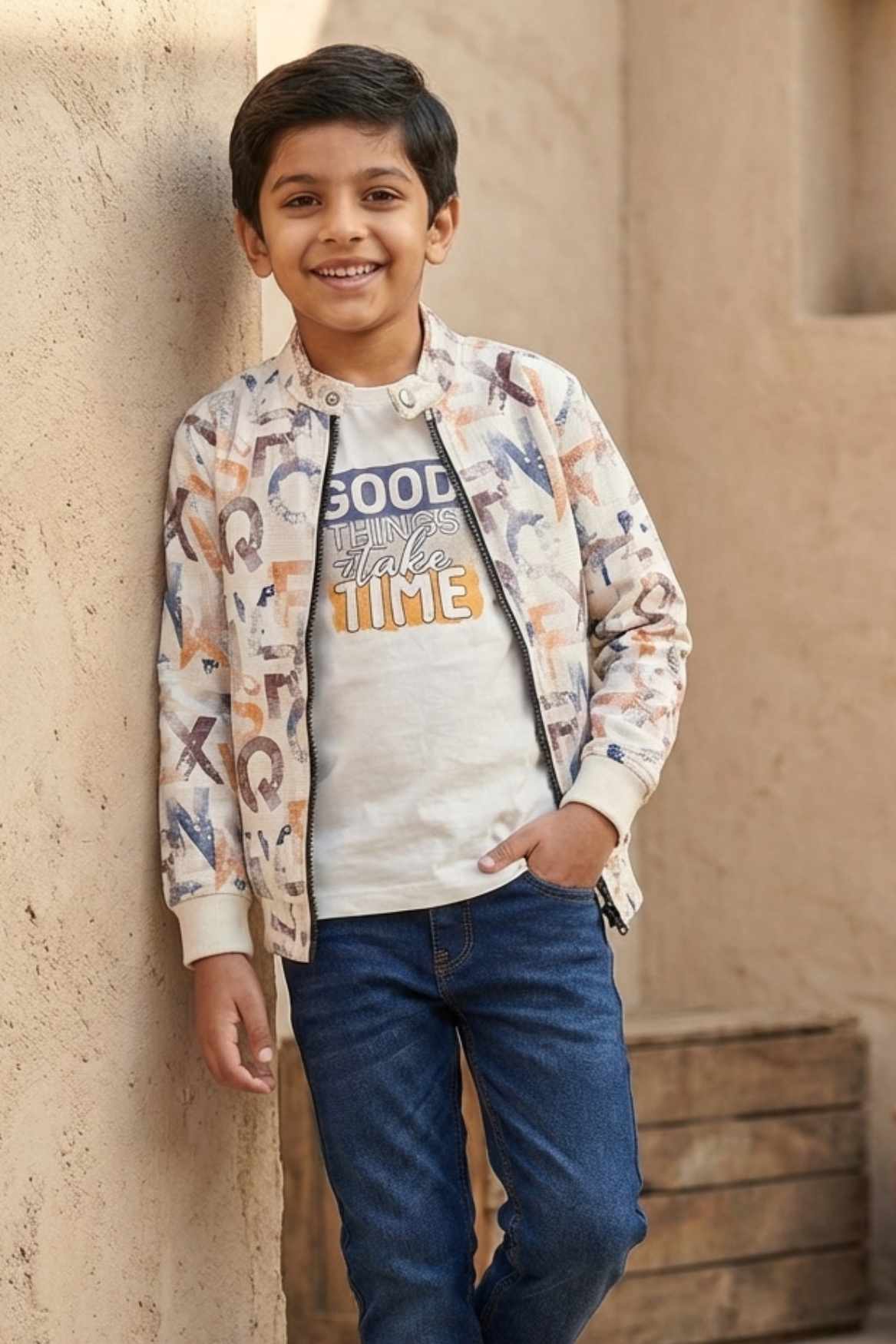 White Graphic Print T-Shirt & Multicolor Zip-Up Jacket Set For Boys