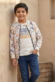 White Graphic Print T-Shirt & Multicolor Zip-Up Jacket Set For Boys