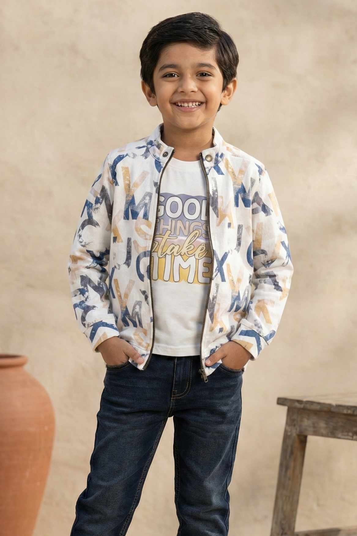 White Graphic Print T-Shirt And  Multicolor Zip-Up Jacket Set For Boys