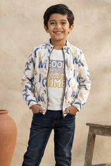 White Graphic Print T-Shirt And  Multicolor Zip-Up Jacket Set For Boys