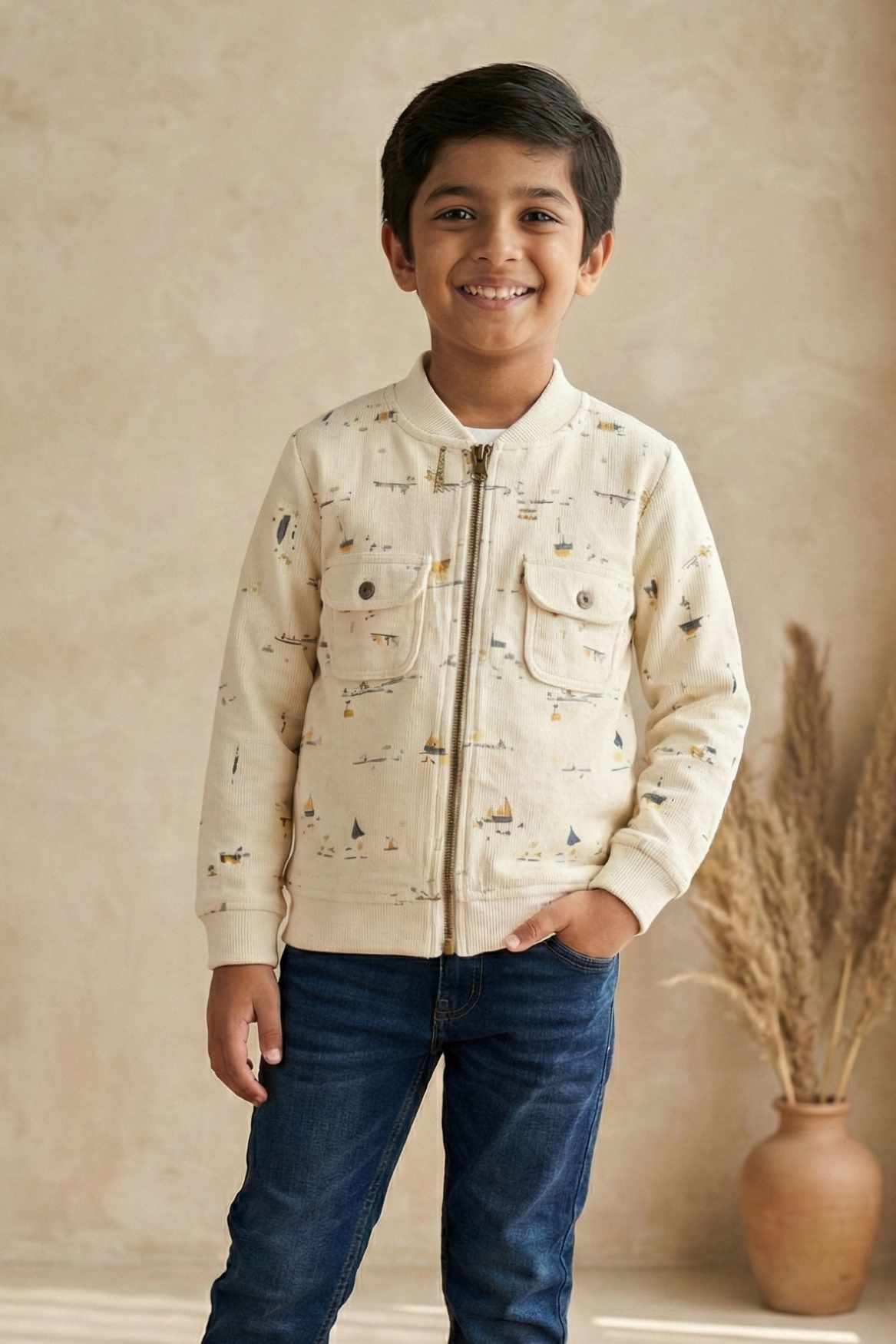 Cream Printed Full-Sleeve Jacket with Front Zip For Boys