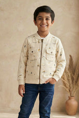 Cream Printed Full-Sleeve Jacket with Front Zip For Boys