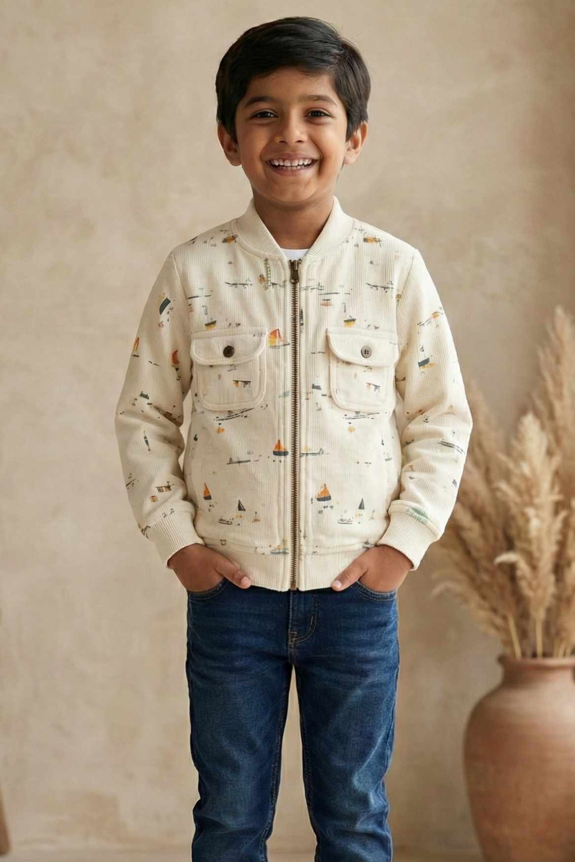 White Printed Full-Sleeve Jacket with Front Zip For Boys
