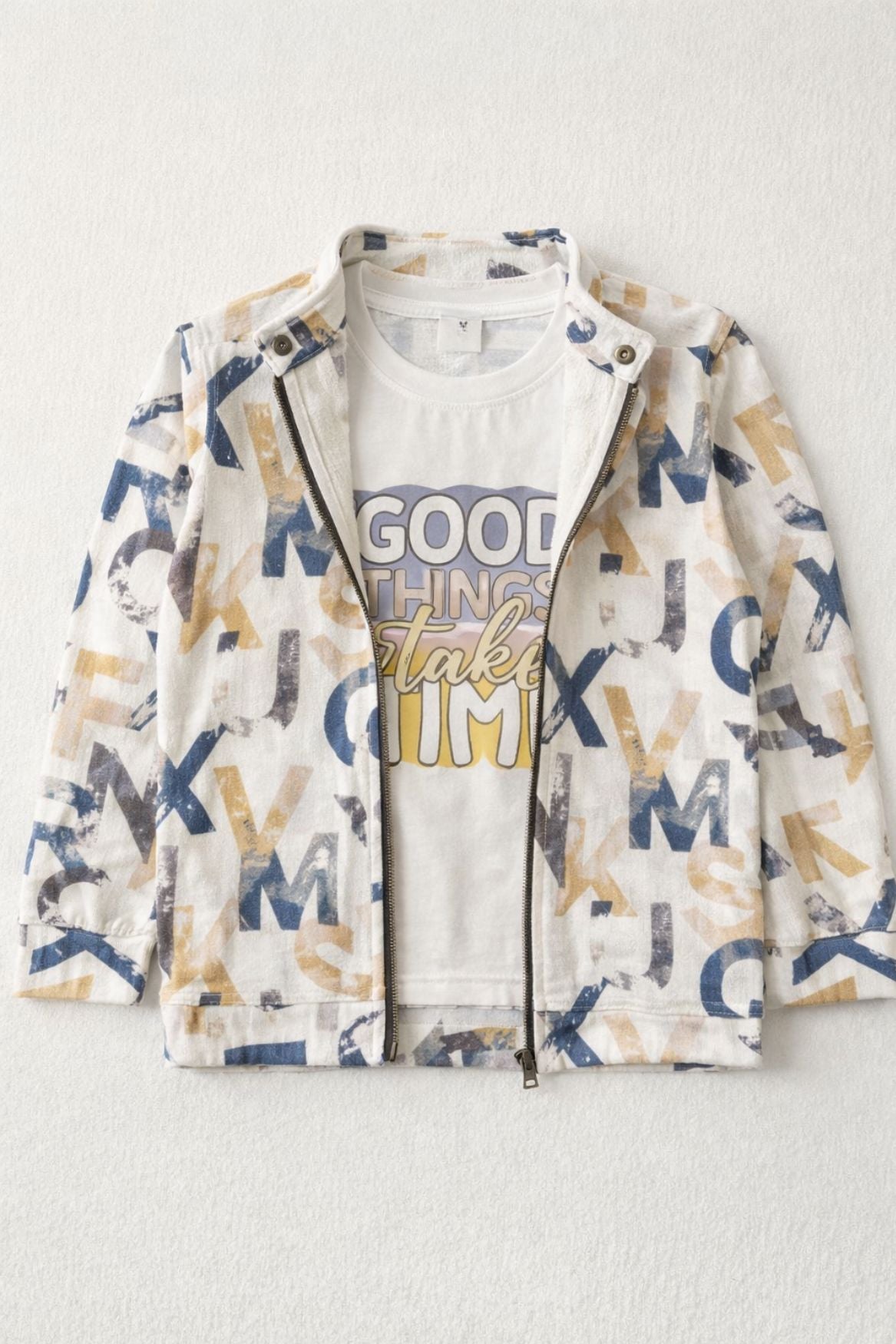 White Graphic Print T-Shirt And  Multicolor Zip-Up Jacket Set For Boys