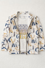 White Graphic Print T-Shirt And  Multicolor Zip-Up Jacket Set For Boys