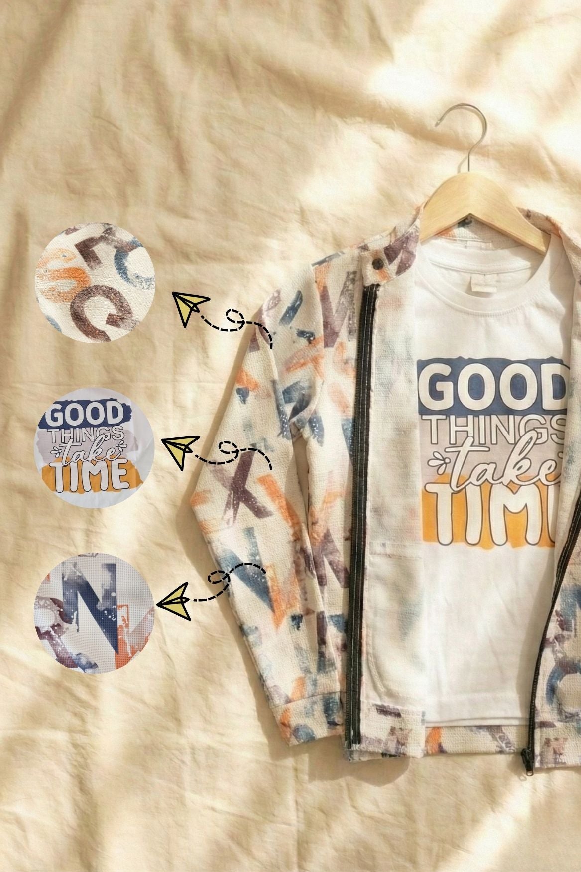 White Graphic Print T-Shirt & Multicolor Zip-Up Jacket Set For Boys