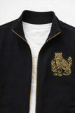 White T-Shirt & Black Zip-Up Jacket Set with Gold Crest Detailing For Boys