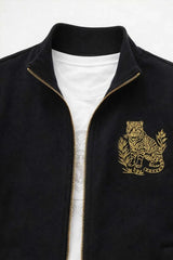 White T-Shirt & Black Zip-Up Jacket Set with Gold Crest Detailing For Boys