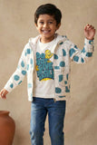 White And Teal Graphic Print T-Shirt & Printed Hooded Zipper Jacket Set For Boys