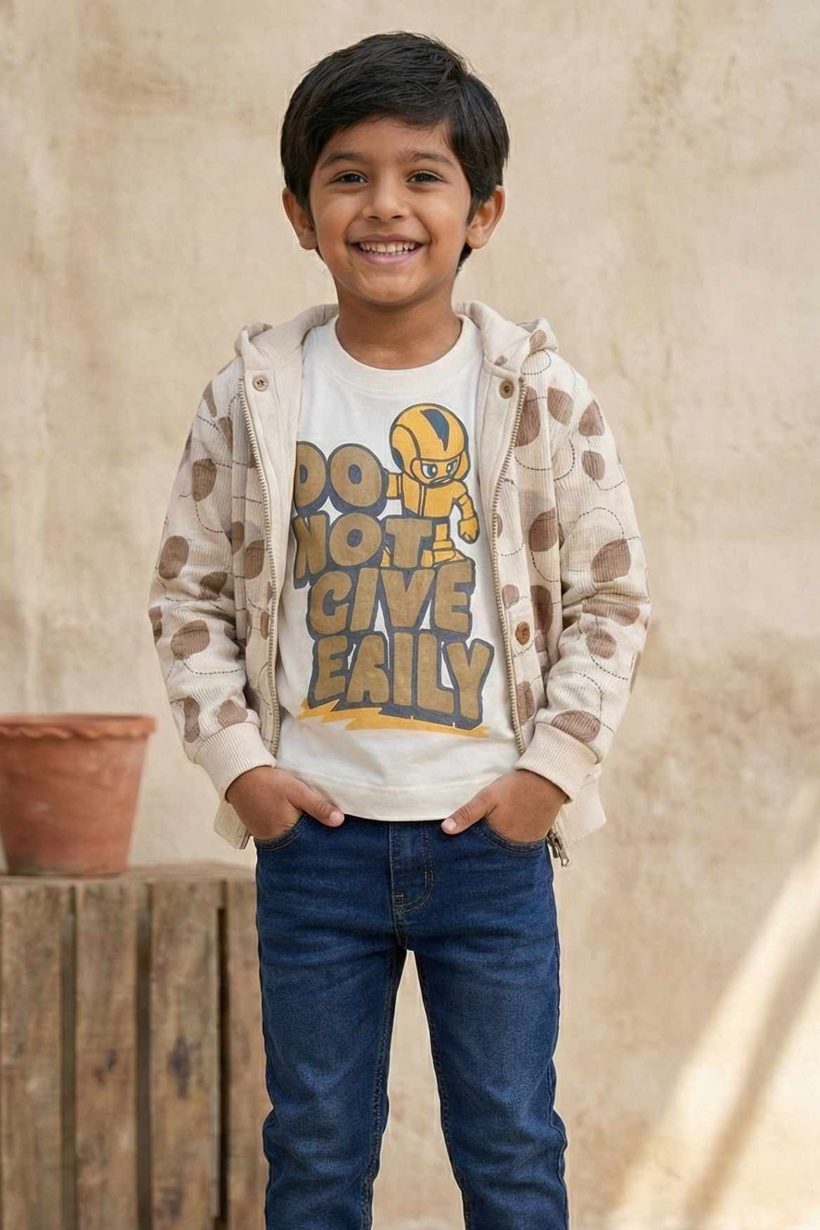 White And Brown Graphic Print T-Shirt & Printed Hooded Zipper Jacket Set For Boys