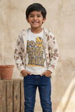 White And Brown Graphic Print T-Shirt & Printed Hooded Zipper Jacket Set For Boys