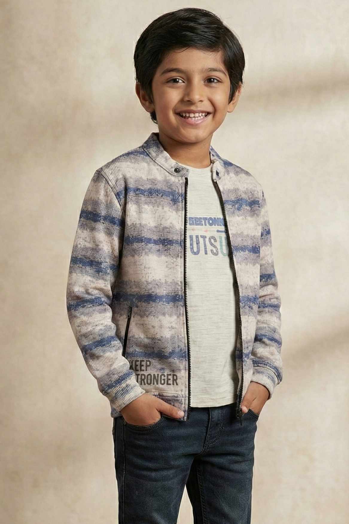Blue & White Striped Zip-Up Jacket With Graphic Tshirt Set For Boys