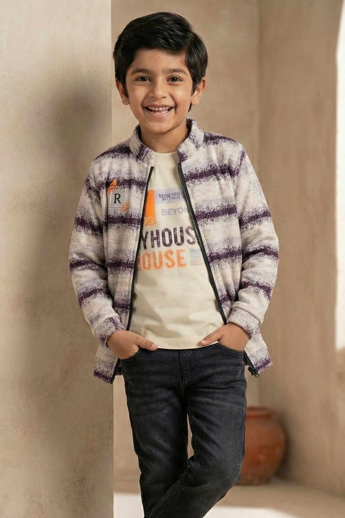 Grey And White Printed Zip-Up Jacket For Boys