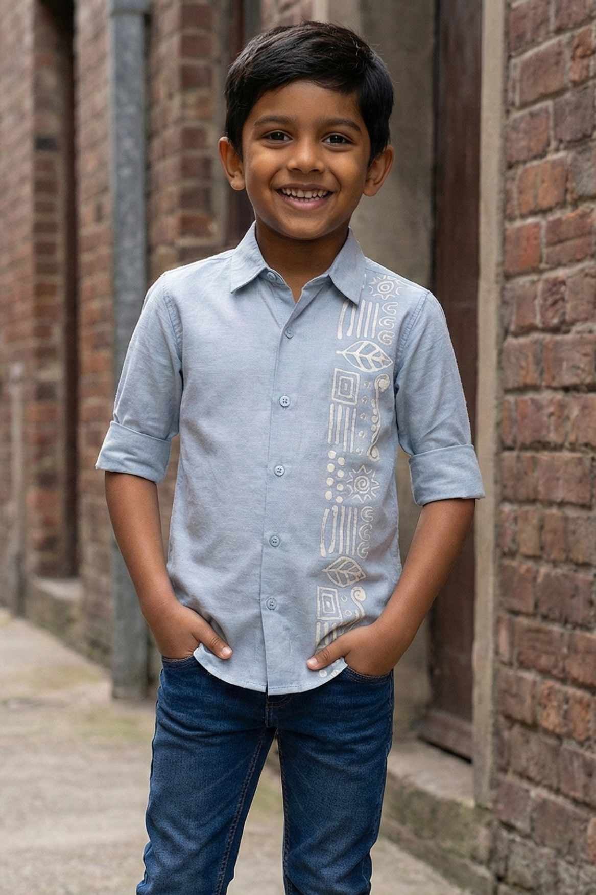 Sky Blue Thread work Shirt with Tribal Stripe Design for Boys