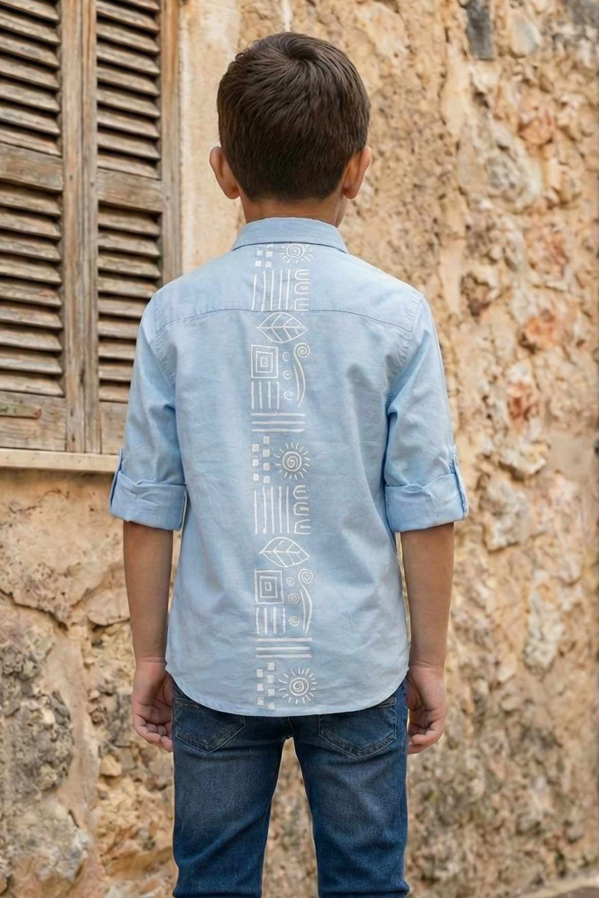 Sky Blue Thread work Shirt with Tribal Stripe Design for Boys