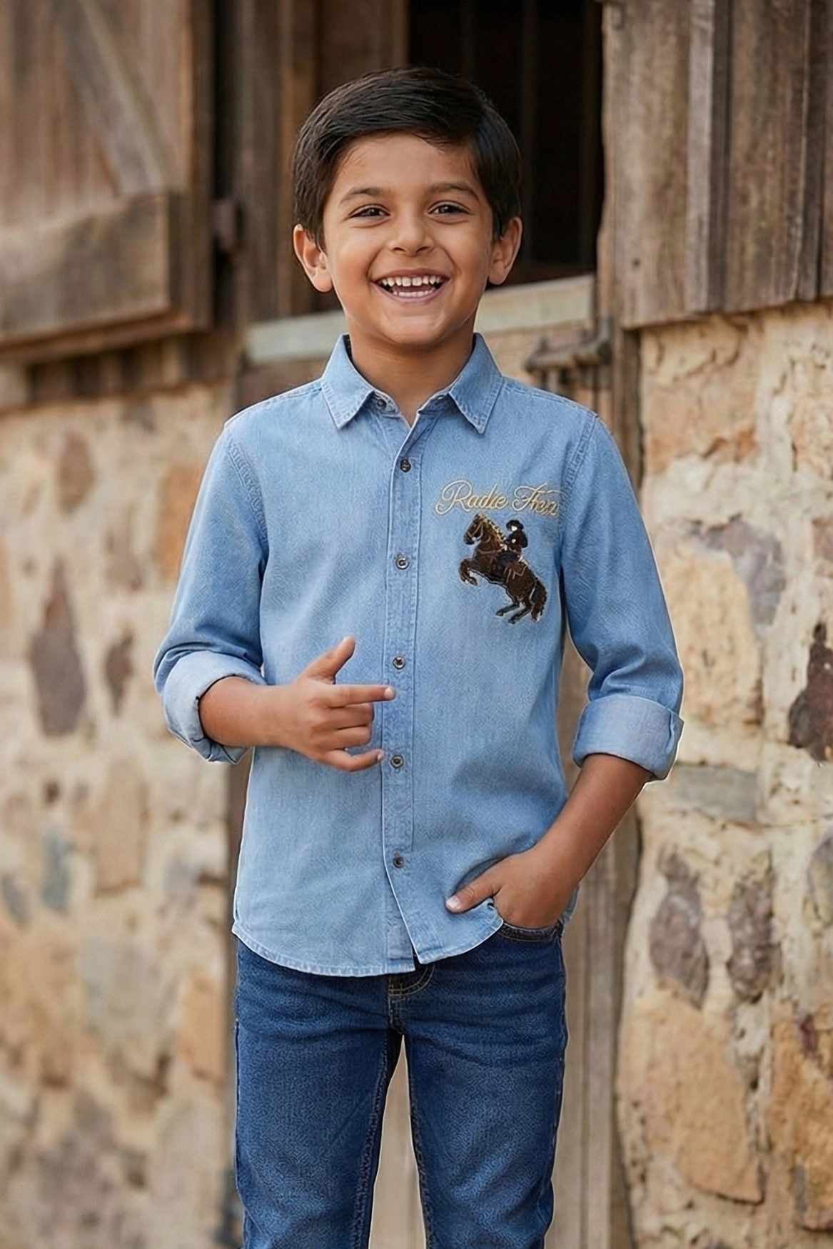 Denim Light Blue Embroidered Shirt for Boys