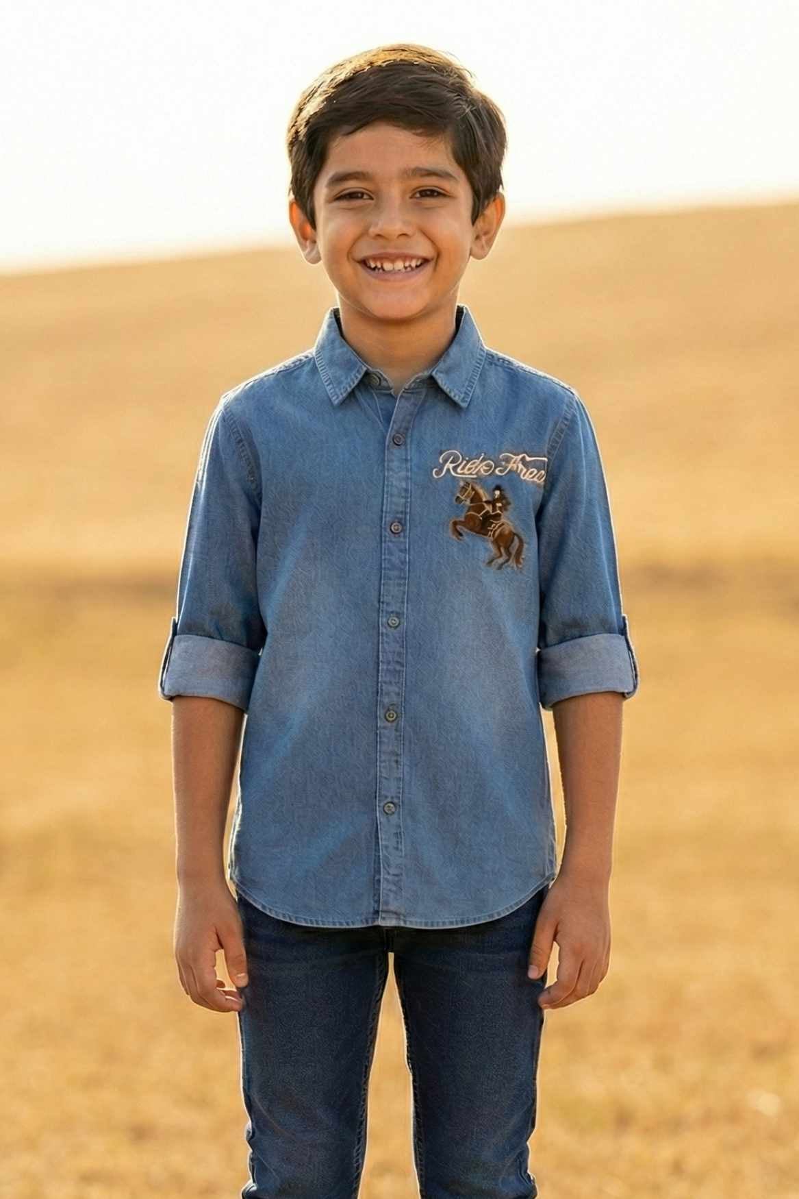 Denim Blue Embroidered Shirt for Boys