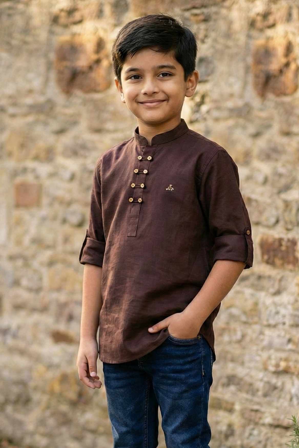 Brown Solid Shirt with Mandarin Collar for Boys