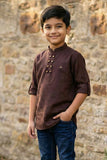 Brown Solid Shirt with Mandarin Collar for Boys
