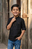 Black Solid Shirt with Mandarin Collar for Boys