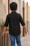 Black Solid Shirt with Mandarin Collar for Boys