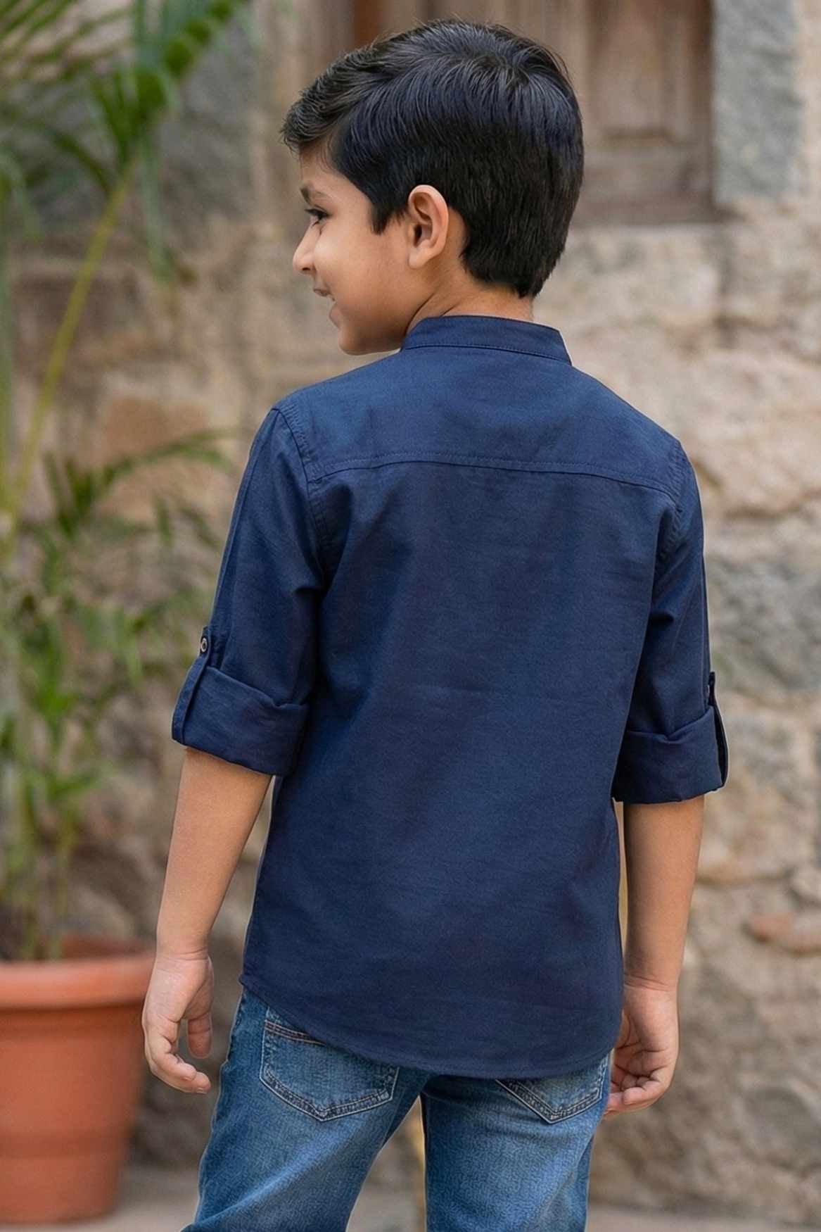 Navy Blue Solid Shirt with Mandarin Collar for Boys
