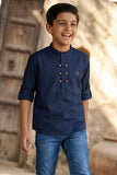 Navy Blue Solid Shirt with Mandarin Collar for Boys